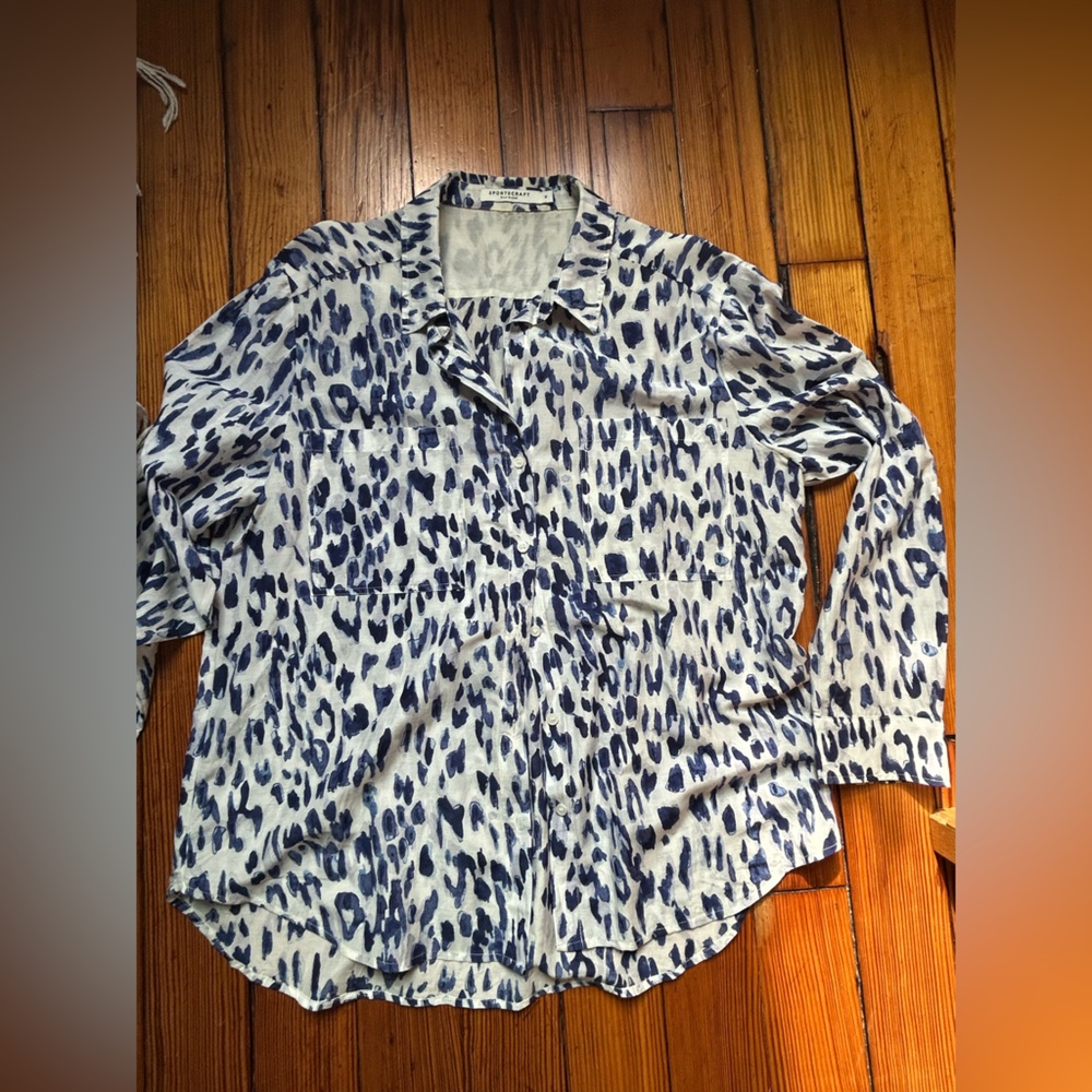 SILK • Blue and White Leopard Print Blouse - Picture 2 of 7